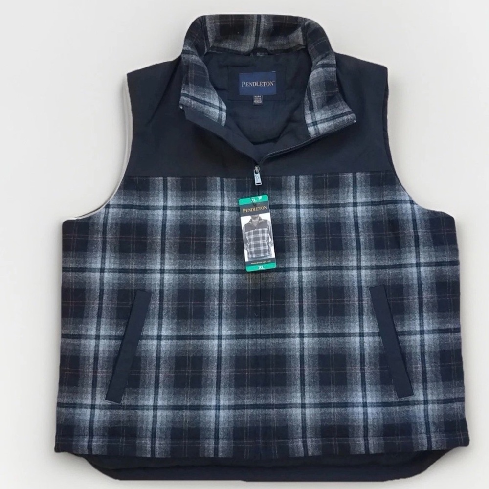 Pendleton Men's XL Wool Blend Insulated Vest Full Zip Black Plaid Stand Collar - Picture 4 of 9